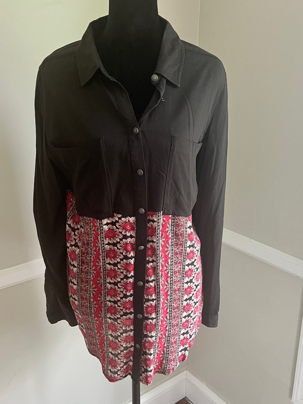 Free People Black Button-Front Shirt with Red Floral Panel